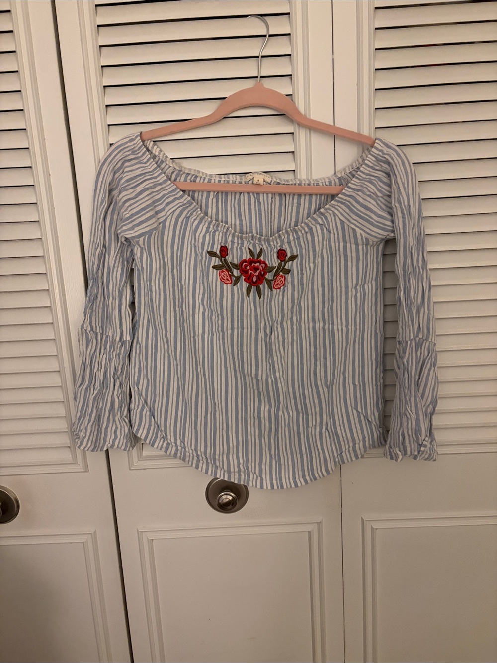 La Hearts Blue & White Striped Off-Shoulder Top with Red Floral Embroidery